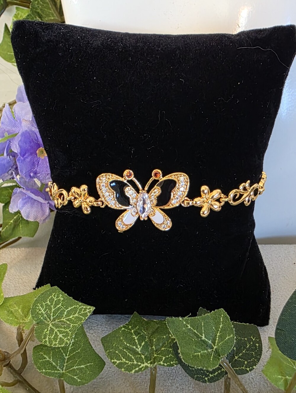 Gold Filled Enamel Butterfly Bracelet CZ Floral Filigree Link